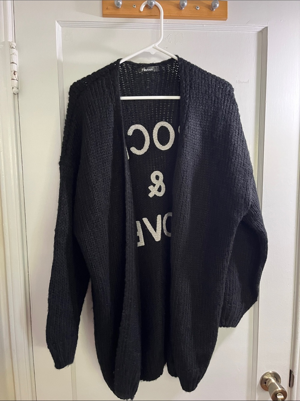 Black Open-Front Knit Cardigan with White Lettering
